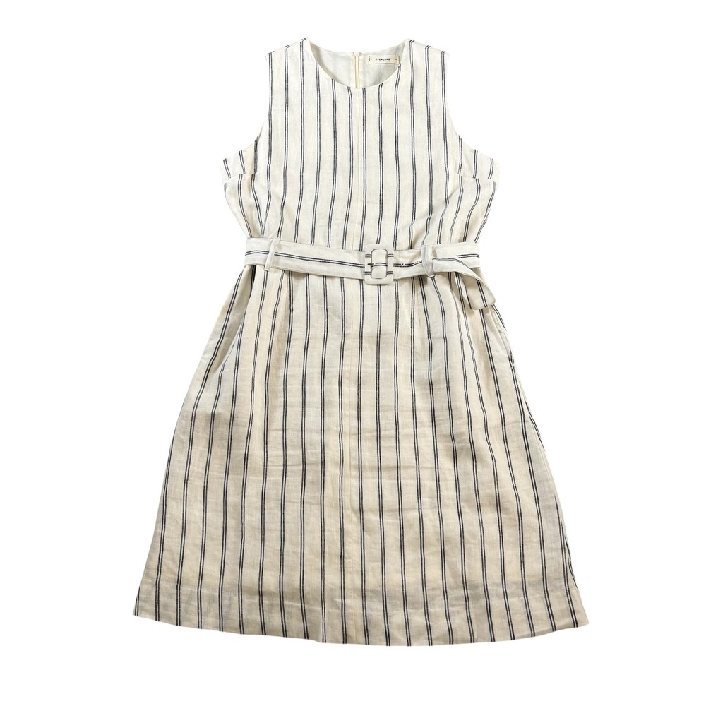 Everlane European Flax Linen Belted Midi Dress White/Navy Striped Size 10